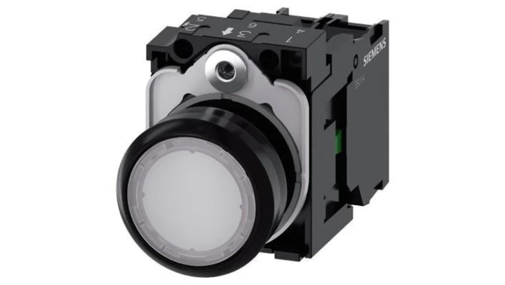 Przycisk podświetlany 22mm kompletny biały płaski powrotny tworzywo płaski 1Z LED 24V AC_DC przył śrubowe 3SU1102-0AB30-3FA0