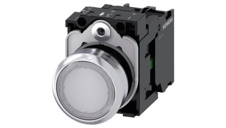 Przycisk 22 mm, round, metal, shiny, white, pushbutton, flat, momentary contact type, with holder, 1 NO, LED modu