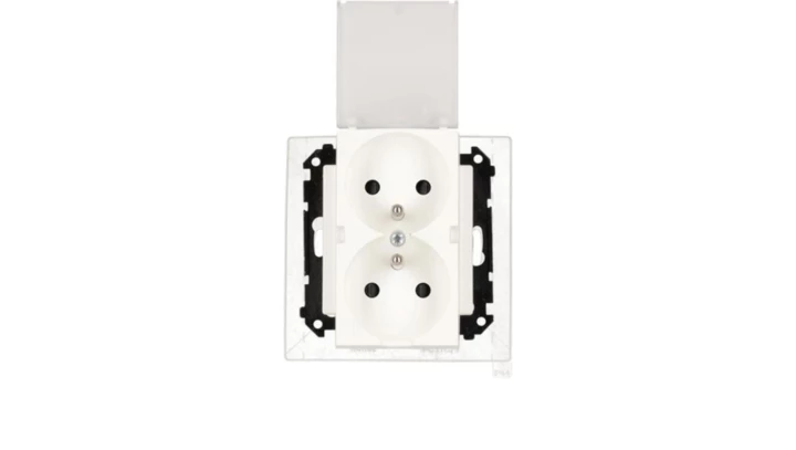 Simon 55 Gniazdo podwójne do wersji IP44 z uszczelką (moduł), szybkozłącza. Klapka transparentna Biały mat TGZ2BMCZ.01/111A