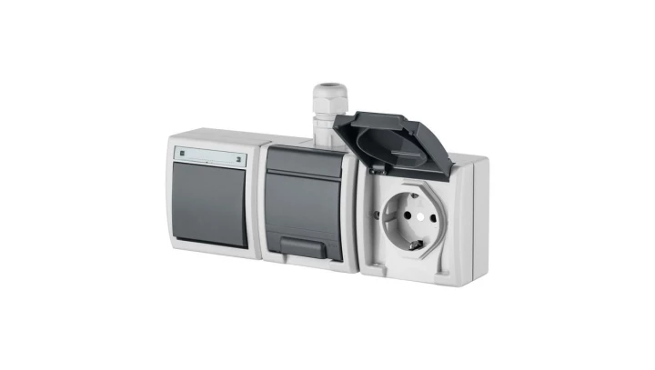 AQUANT Zestaw Łącznik 1-b/schodowy+ gniazdo podwójne 2x2P+Z IP65 1249-65