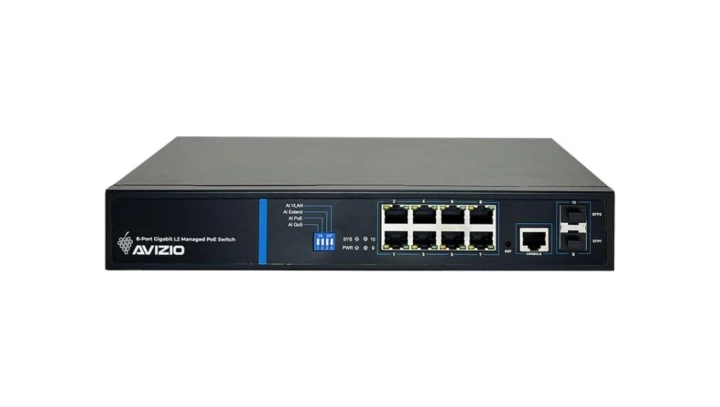 Zarządzalny przełącznik L2 (switch) 8 portów RJ45 PoE+ 1Gb/s + 2 porty SFP Uplink 1Gb/s + 1 port konsolowy RJ45 AVIZIO