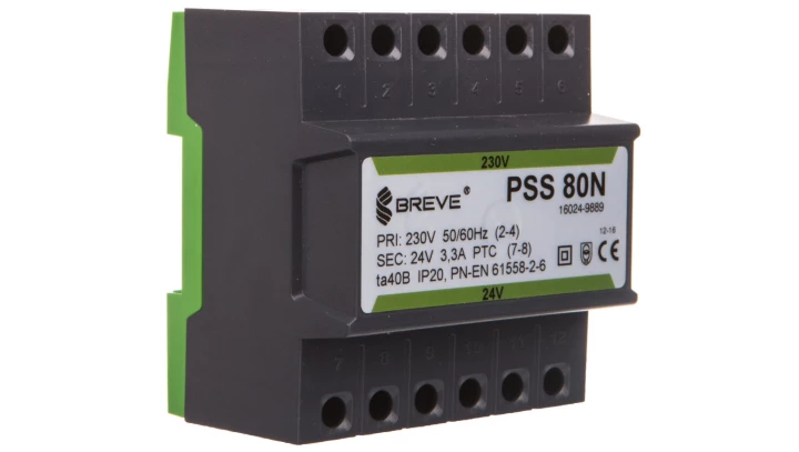 Transformator 1-fazowy modułowy bezpieczeństwa PSS 80N 230/ 24V 3,3A, na szynę DIN, IP20, Ta 40, 16024-9889