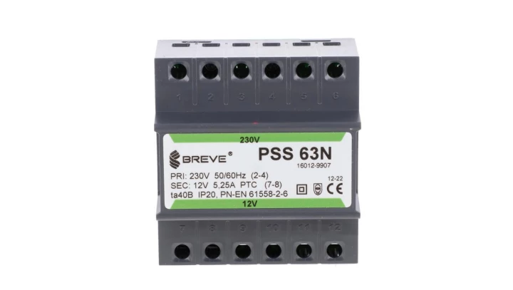 Transformator 1-fazowy modułowy bezpieczeństwa PSS 63N 230/ 12V 5,25A, na szynę DIN, IP20, Ta 40, 16012-9907