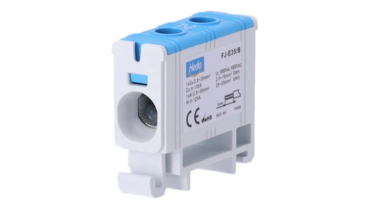 Blok rozdzielczy ‑ odgałęźny 1 ‑ polowy 2,5-35mm2 niebieski montaż płaski FJ-E35/B 85817