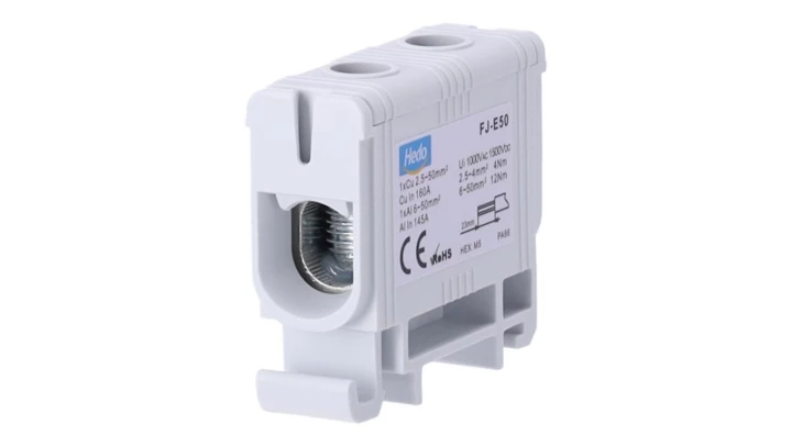 Blok rozdzielczy ‑ odgałęźny 1 ‑ polowy 2,5-50mm2 szary montaż płaski FJ-E50 85820