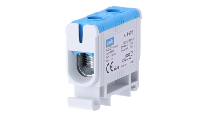 Blok rozdzielczy ‑ odgałęźny 1 ‑ polowy 2,5-50mm2 niebieski montaż płaski FJ-E50/B 85821