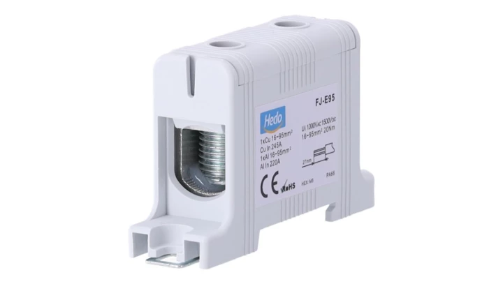 Blok rozdzielczy ‑ odgałęźny 1 ‑ polowy 16-95mm2 szary montaż płaski FJ-E95 85823