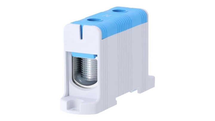 Blok rozdzielczy ‑ odgałęźny 1 ‑ polowy 35-150mm2 niebieski montaż płaski FJ-E150/B 85827