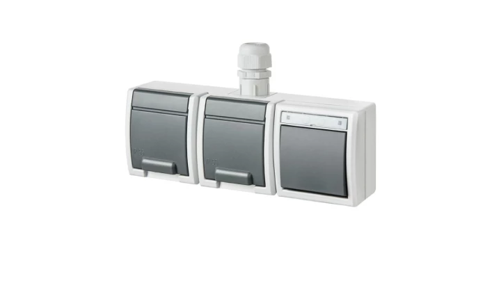 Zestaw pionowy gniazdo zasilające podwójne natynkowe hermetyczne IP65 szare z klapką 2x2P+Z + łącznik schodowy IP65 Aquant