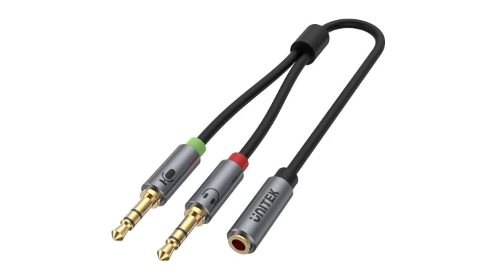 UNITEK Adapter AUX mini Jack 3,5mm 4-polowy (gniazdo) / 2x mini Jack 3,5mm (wtyk) Słuchawki + Mikrofon na kablu 20cm