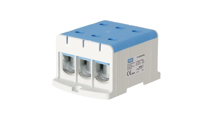 Blok rozdzielczy ‑ odgałęźny 3 ‑ polowy 35-240mm2 niebieski montaż płaski FJ-E240/3/B 1000076