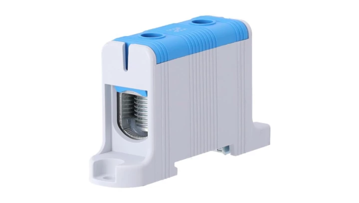 Blok rozdzielczy ‑ odgałęźny 1 ‑ polowy 16-95mm2 niebieski montaż płaski FJ-E95/B 85824