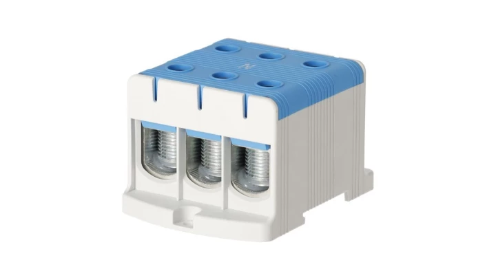 Blok rozdzielczy ‑ odgałęźny 3 ‑ polowy 35-150mm2 niebieski montaż płaski FJ-E150/3/B 1000070