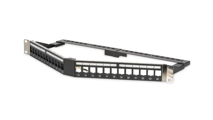 Panel krosowy kątowy 19 24x keystone, ekranowany,1U, czarny, prowadnica kabli, pola opisowe DN-91414S