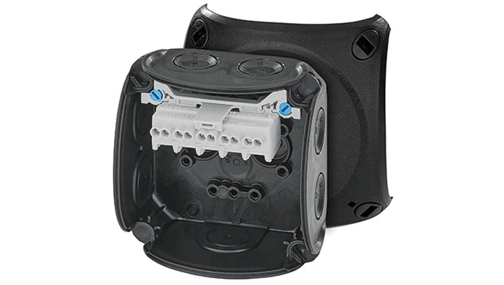 Puszka odgałęźna do instalacji wewnętrznych czarna IP66 z dławnicami membranowymi 5x2,5 mm2 Cu DK 0202 B 62000296