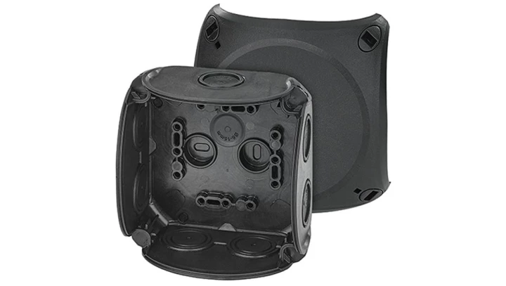 Puszka odgałęźna do instalacji wewnętrznych czarna IP66 z dławnicami membranowymi 104x104x70mm DK 0400 B 62000297