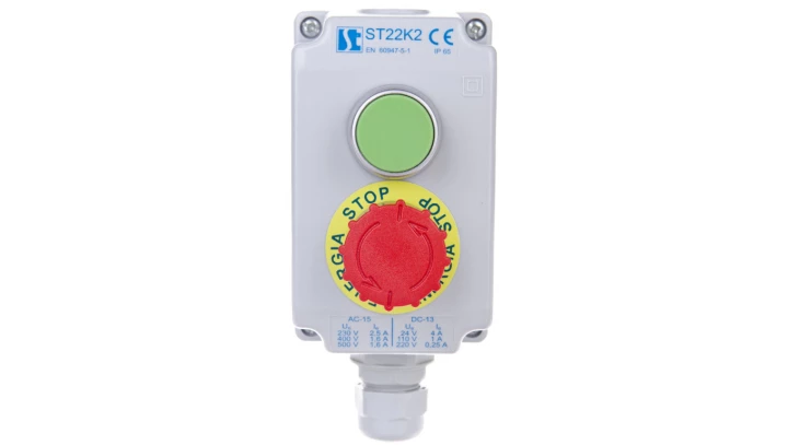 Kaseta sterownicza 2-otworowa zielony/przycisk bezpieczeństwa przez obrót 1Z 1R szara IP65 1x dławnica szara M20 ST22K2\04-1