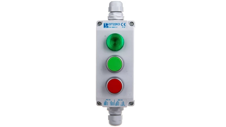 Kaseta sterownicza 3-otworowa zielony/czerwony/lampka zielona 230V IP65 1x membrana M20 szara ST22K3\06-2
