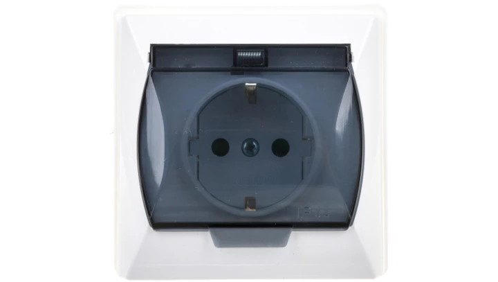 AKCENT Gniazdo bryzgoszczelne z/u Schuko IP44 z przesłonami klapka przezroczysta białe GPH-1ASP/00/d