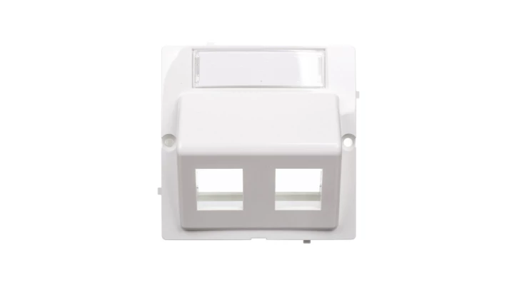 Simon Basic Pokrywa gniazda teleinformatycznego podwójnego RJ skośna z polem opisowym biała BMGKS2P/11