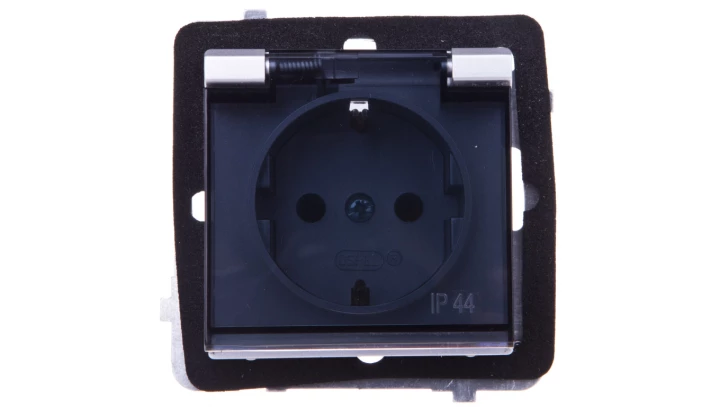 SONATA Gniazdo bryzgoszczelne z/u Schuko IP44 klapka przezroczysta srebro mat GPH-1RS/m/38/d
