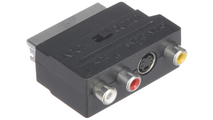 Przejście Adapter EURO SCART (wtyk 21-pin) / 3x RCA Cinch (gniazdo) + S-Video (gniazdo)
