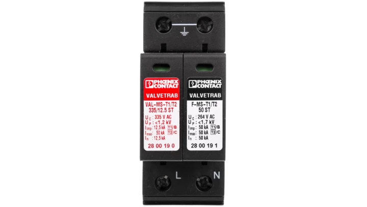 Ogranicznik przepięć Typ T1+T2 Typ T1+T2 12,5kA 1,2kV 240V AC VAL-MS-T1/T2 335/12.5/1+1 2800187