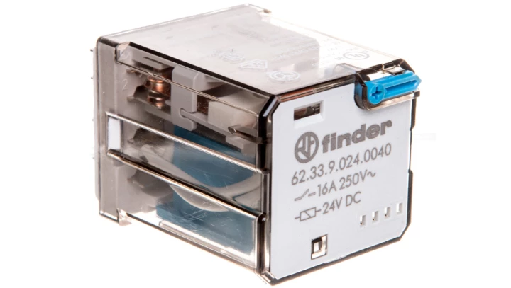 Przekaźnik 3P 16A 24V DC do gniazda lub Faston 187, przycisk testujący, mechaniczny wskaźnik zadziałania 62.33.9.024.0040