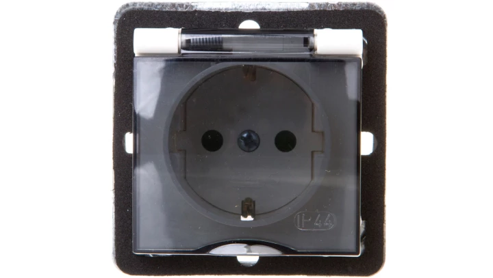 IMPRESJA Gniazdo bryzgoszczelne z/u Schuko IP44 z przesłonami klapka przezroczyste ecrue GPH-1YSP/m/27/d