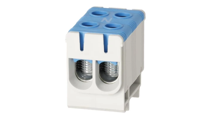 Blok rozdzielczy ‑ odgałęźny 2 ‑ polowy 2,5-50mm2 niebieski montaż płaski FJ-E50/2/B 1000055