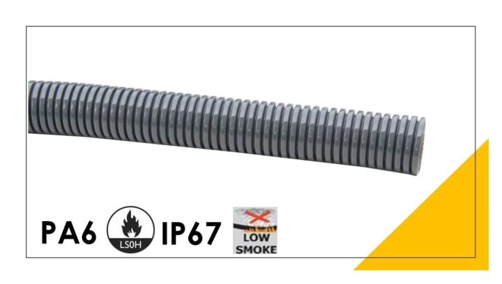 Peszel ochronny poliamidowy Ana-Quick PA6S roz.12 rura karbowana elastyczna 320N odporna na UV LSOH IP67 szary 50m