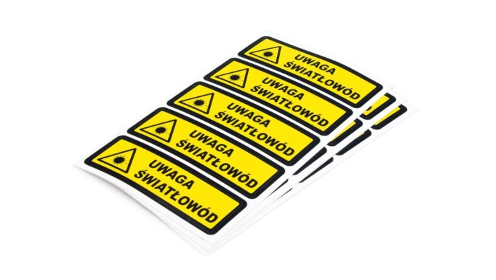 Naklejka 25x100mm z trójkątem ostrzegawczym i napisem Uwaga światłowód,20 szt.(4 arkusze po 5szt) SP-NKL-US