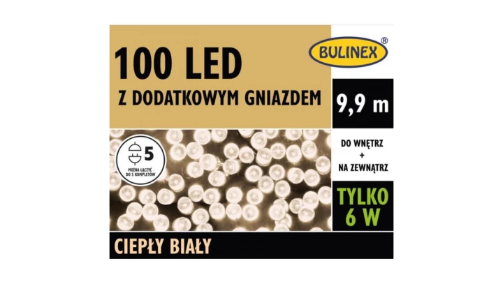 Lampki choinkowe LED 100l z gniazdkiem kolor biały ciepły 9,9m 230V/31V 8,4 W IP44 na zewnątrz i do wnętrz 13-108