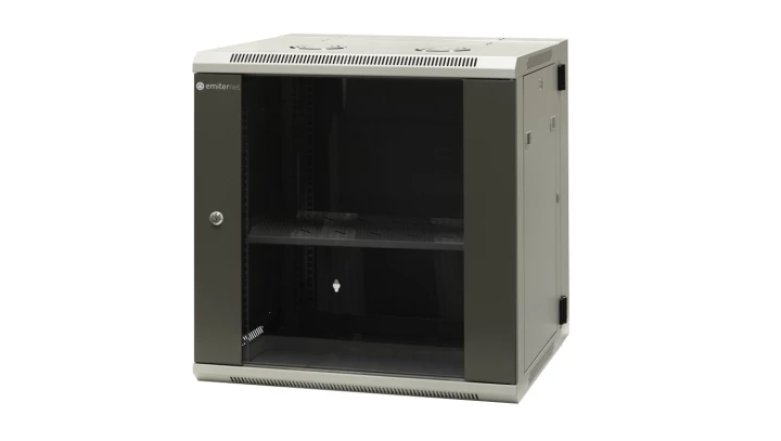 Szafa wisząca dzielona 19 12U, drzwi blacha/szkło, ściągane osłony boczne z zamkiem, tył zamek 600×550×635 szer./gł./wys. mm R