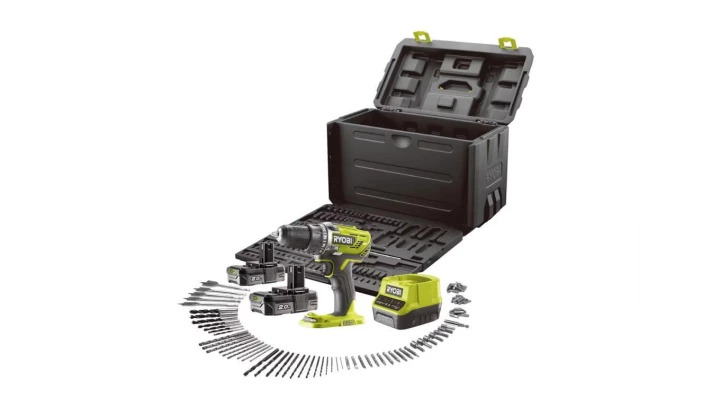 Zestaw Ryobi Wiertarko-wkrętarka akumulatorowa 18V 2x2.0Ah + akcesoria i pudełko do przechowywania