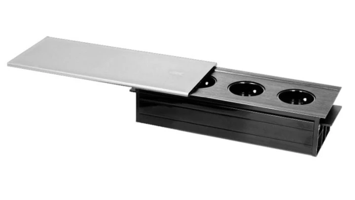 Gniazdo meblowe wpuszczane w blat 3x2P+Z z przesuwną pokrywką,OR-GM-9007/B-G