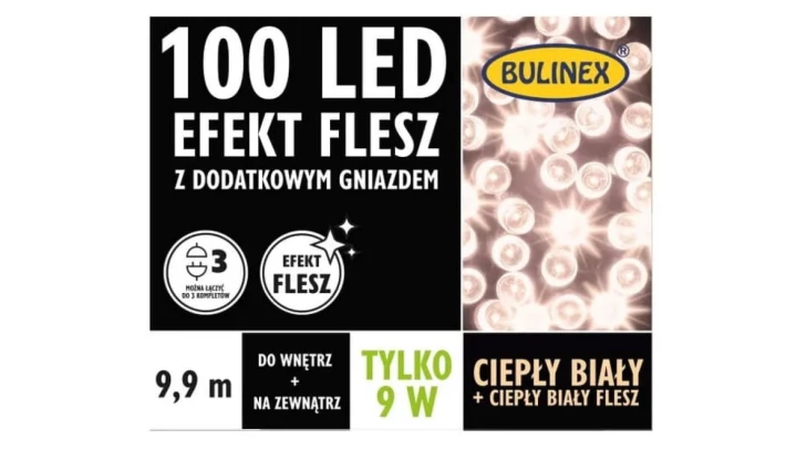 Lampki choinkowe Flesz LED 100l z gniazdkiem ciepły biały flesz 9W 9,9m 230V/31V 9W IP 44 na zewnątrz i do wnętrz 13-135