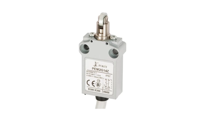 Wyłącznik krańcowy 1R 1Z wolnoprzełączający popychacz metalowy z rolką stalową prostopadłą Ø12 PEM2G14X A37-B85X