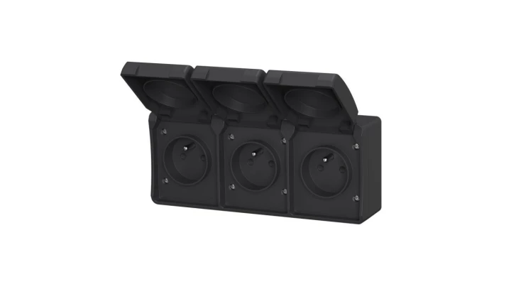 Gniazdo potrójne z uziemieniem natynkowe z klapką Aqua Plus IP44 antracyt / 40335