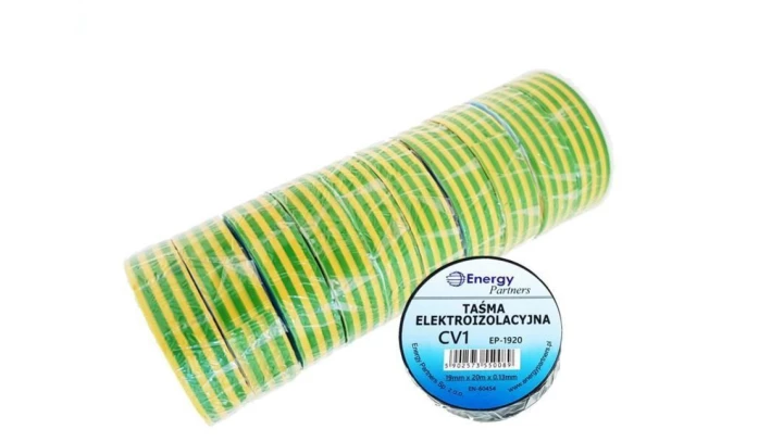 Taśma elektroizolacyjna PCW (zestaw 10 rolek 19mm x 20m x 0.13mm) żółto-zielona
