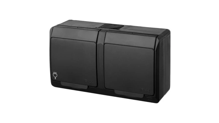 HERMES IP44 gniazdo natynkowe podwójne z uziemieniem 2x2P+Z czarne 0322-09