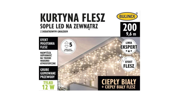 Kurtyna świetlna zewnętrzna FLESZ 200 LED SOPLE z gn. ciepły biały/flesz 9,6m szer. +1,5m, łącz. max 5 kpl. 230V 12W IP44 25-695