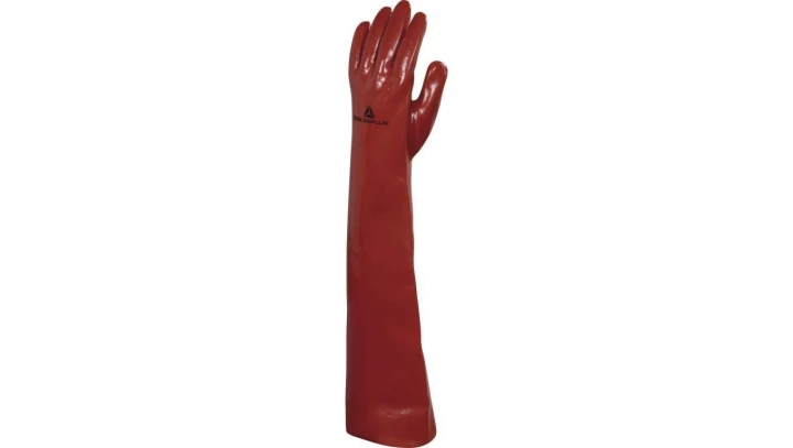 Rękawice chemiczne z PVC na wkładzie z dżerseju całkowicie powlekane wysoka odporność chemiczna dł. 60 cm kolor czerwony rozmiar