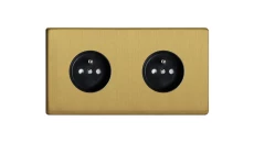 Gniazdo podwójne z/u mosiądz szlifowany + kołnierz wewnętrzny szary METG1P.2B-G-DD