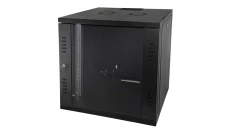 Szafka rack wisząca 19 12U 600x450 niedzielona drzwi szklane jednoskrzydłowe czarny FLAT PACK SW-12U-600-450-N-DSJ-OP-RP-F-C-1
