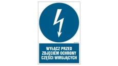 ZNAK - HE015 Wyłącz przed zdjęciem ochrony wirujących części - arkusz 9 naklejek 5 x 7,5 cm FN - Folia samoprzylepna