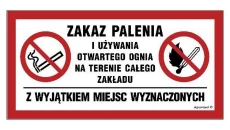 ZNAK - NC139 Zakaz palenia i używania otwartego ognia na terenie całego obiektu z wyjątkiem miejsc wyznaczonych 40 x 20 cm PN -