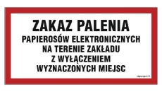 ZNAK - NC097 Zakaz palenia papierosów elektronicznych na terenie zakładu z wyłączeniem wyznaczonych miejsc 40 x 20 cm PN - Płyta