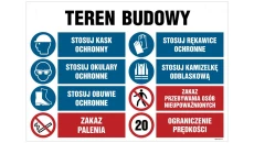 ZNAK - OI017 Teren budowy, Przed rozpoczęciem pracy podpisz się na liście obecności, Stosuj kamizelkę odblaskową 100 x 75 cm PN