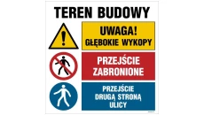 ZNAK - OI032 Uwaga! praca ciężkiego sprzętu, Zakaz wjazdu pojazdów nieupoważnionych, Ograniczenie prędkości do 5k 70 x 70 cm PN